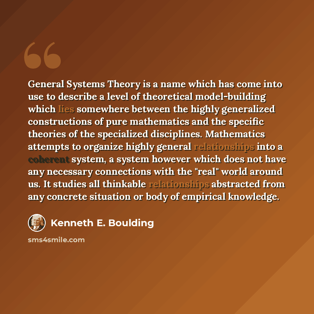 “General Systems Theory is a name which has come into use to describe a level of theoretical model-building which lies somewhere between the highly generalized constructions of pure mathematics and the specific theories of the specialized disciplines. Mathematics attempts to organize highly general…” quote by Kenneth E. Boulding