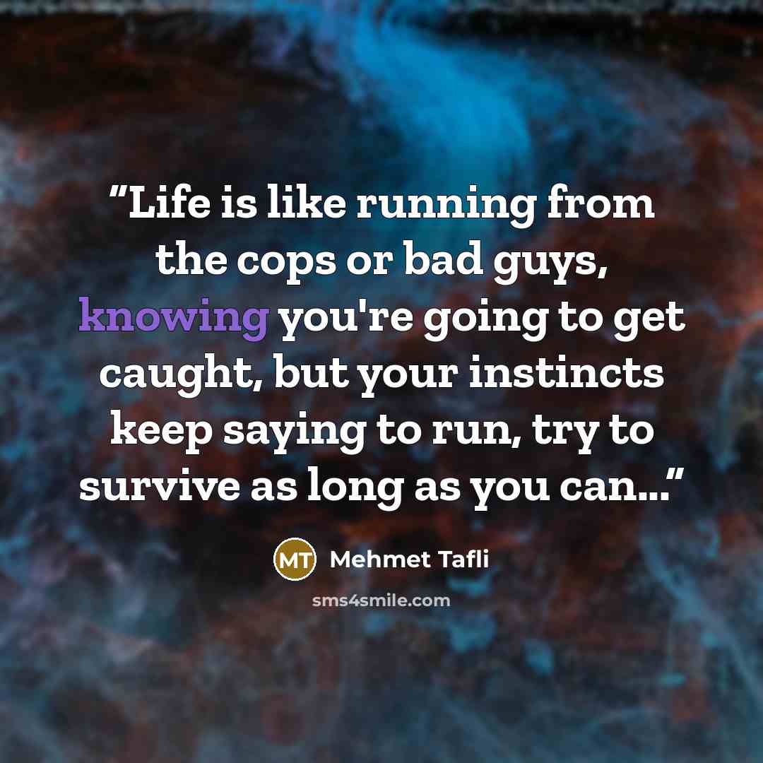 “Life is like running from the cops or bad guys, knowing you're going to get caught, but your instincts keep saying to run, try to survive as long as you can...” quote by Mehmet Tafli