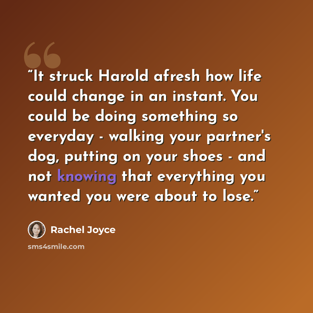“It struck Harold afresh how life could change in an instant. You could be doing something so everyday - walking your partner's dog, putting on your shoes - and not knowing that everything you wanted you were about to lose.” quote by Rachel Joyce