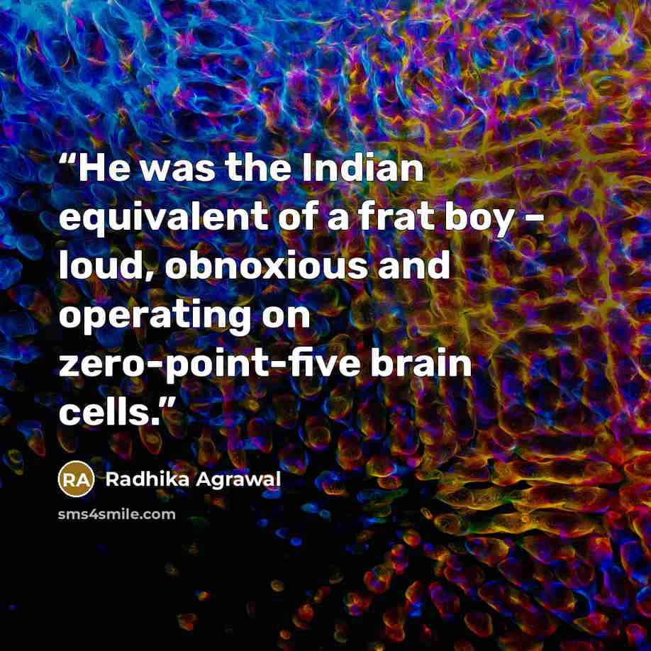 “He was the Indian equivalent of a frat boy – loud, obnoxious and operating on zero-point-five brain cells.” quote by Radhika Agrawal