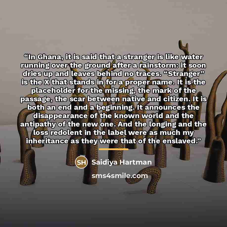 “In Ghana, it is said that a stranger is like water running over the ground after a rainstorm: it soon dries up and leaves behind no traces. “Stranger” is the X that stands in for a proper name. It is the placeholder for the missing, the mark of the passage, the scar between native and citizen. It…” quote by Saidiya Hartman