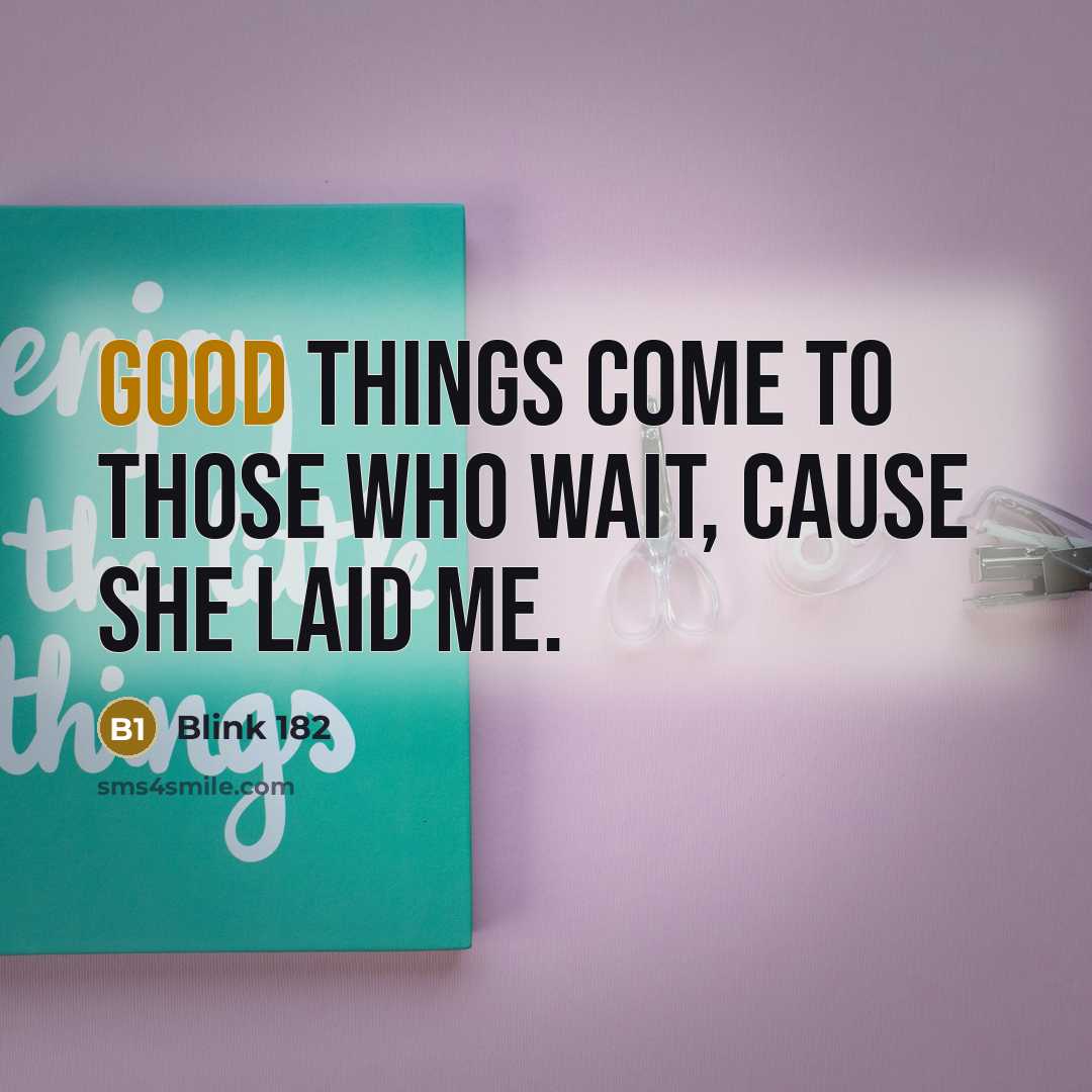“Good things come to those who wait, cause she laid me.” quote by Blink 182