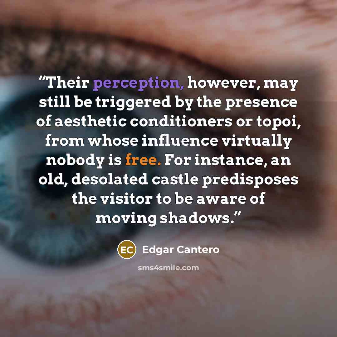 “Their perception, however, may still be triggered by the presence of aesthetic conditioners or topoi, from whose influence virtually nobody is free. For instance, an old, desolated castle predisposes the visitor to be aware of moving shadows.” quote by Edgar Cantero