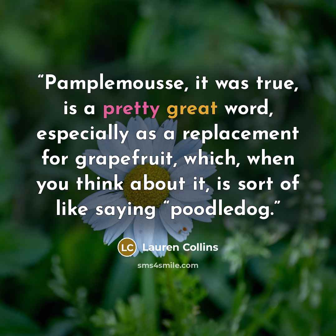 “Pamplemousse, it was true, is a pretty great word, especially as a replacement for grapefruit, which, when you think about it, is sort of like saying “poodledog.” quote by Lauren Collins
