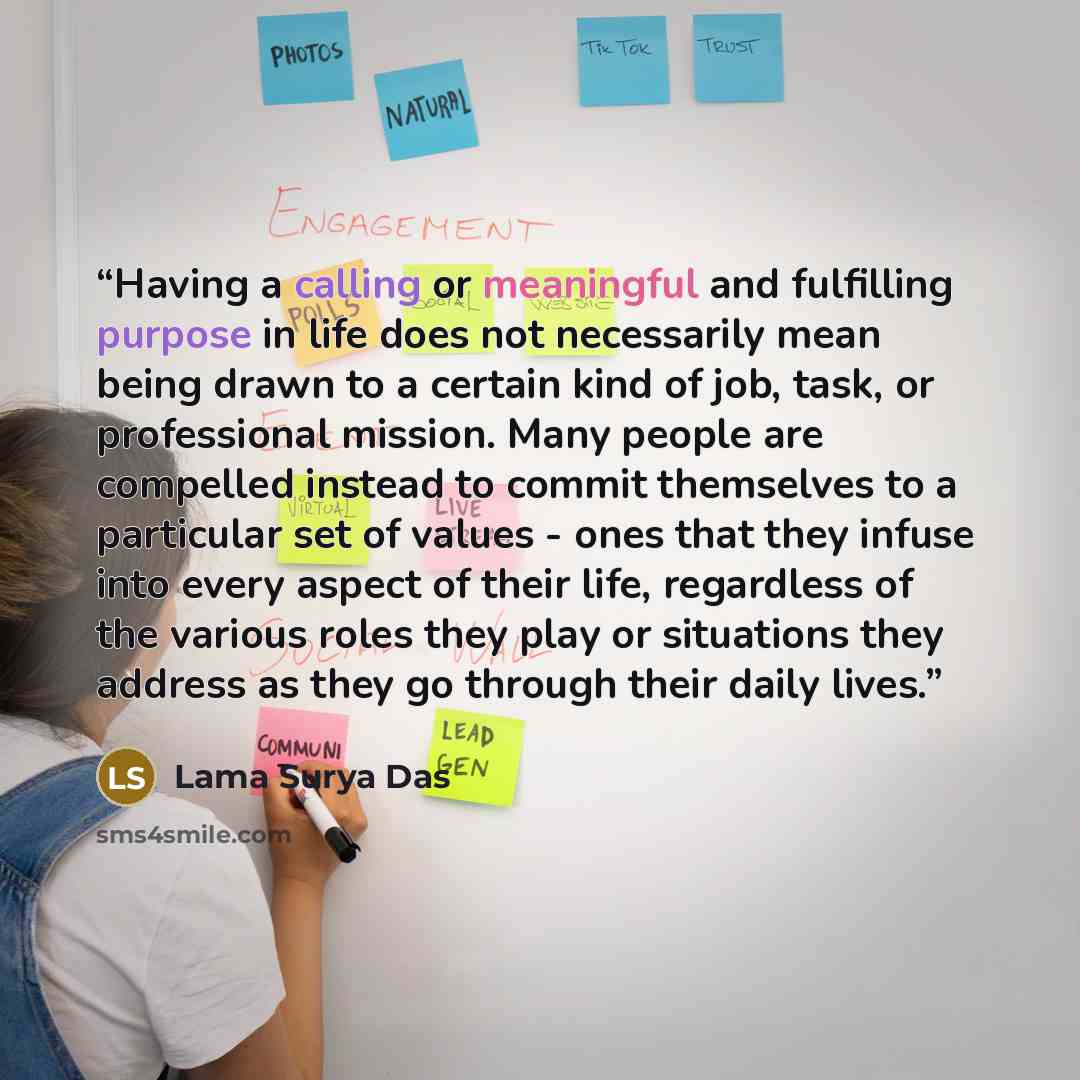 “Having a calling or meaningful and fulfilling purpose in life does not necessarily mean being drawn to a certain kind of job, task, or professional mission. Many people are compelled instead to commit themselves to a particular set of values - ones that they infuse into every aspect of their life…” quote by Lama Surya Das