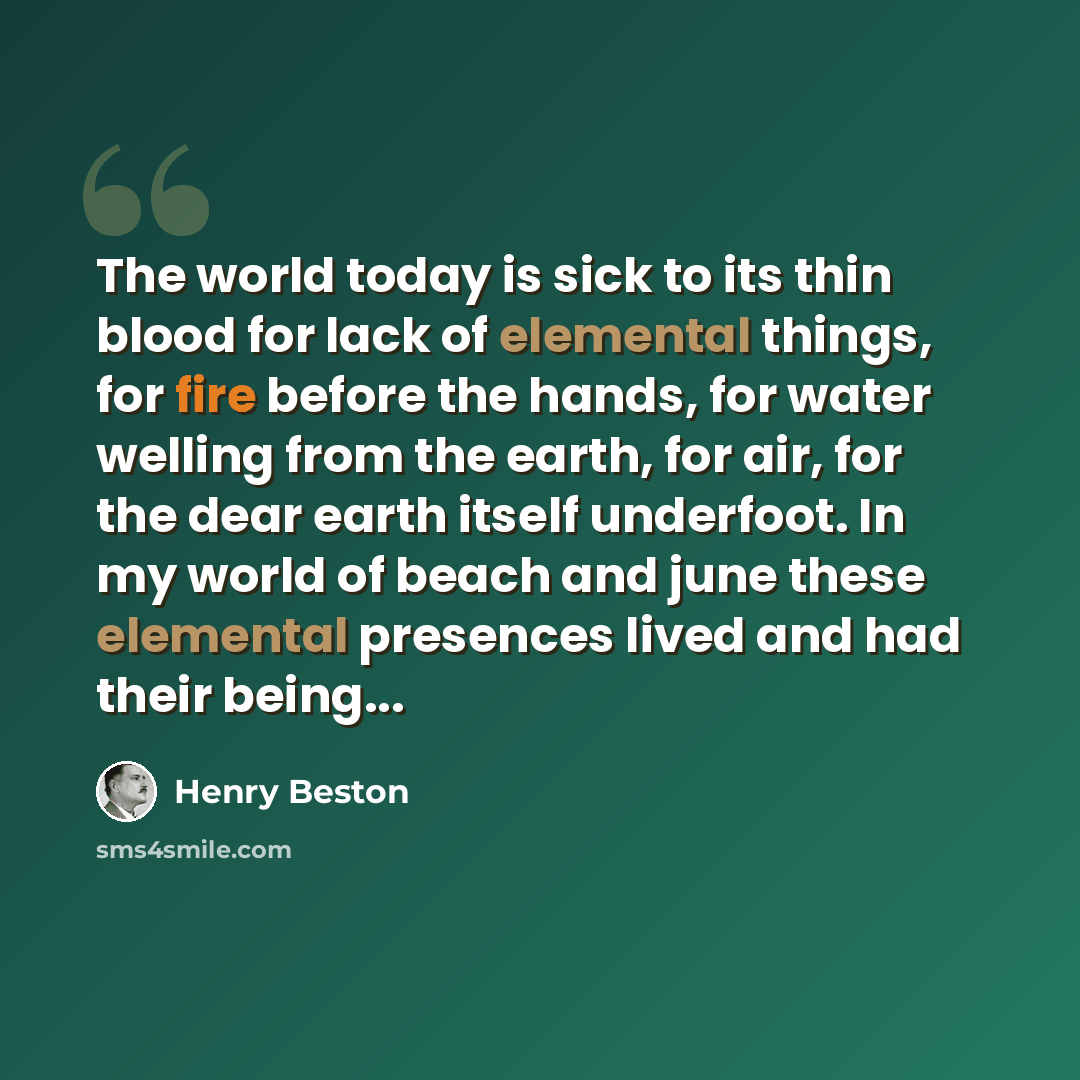 “The world today is sick to its thin blood for lack of elemental things, for fire before the hands, for water welling from the earth, for air, for the dear earth itself underfoot. In my world of beach and june these elemental presences lived and had their being...” quote by Henry Beston