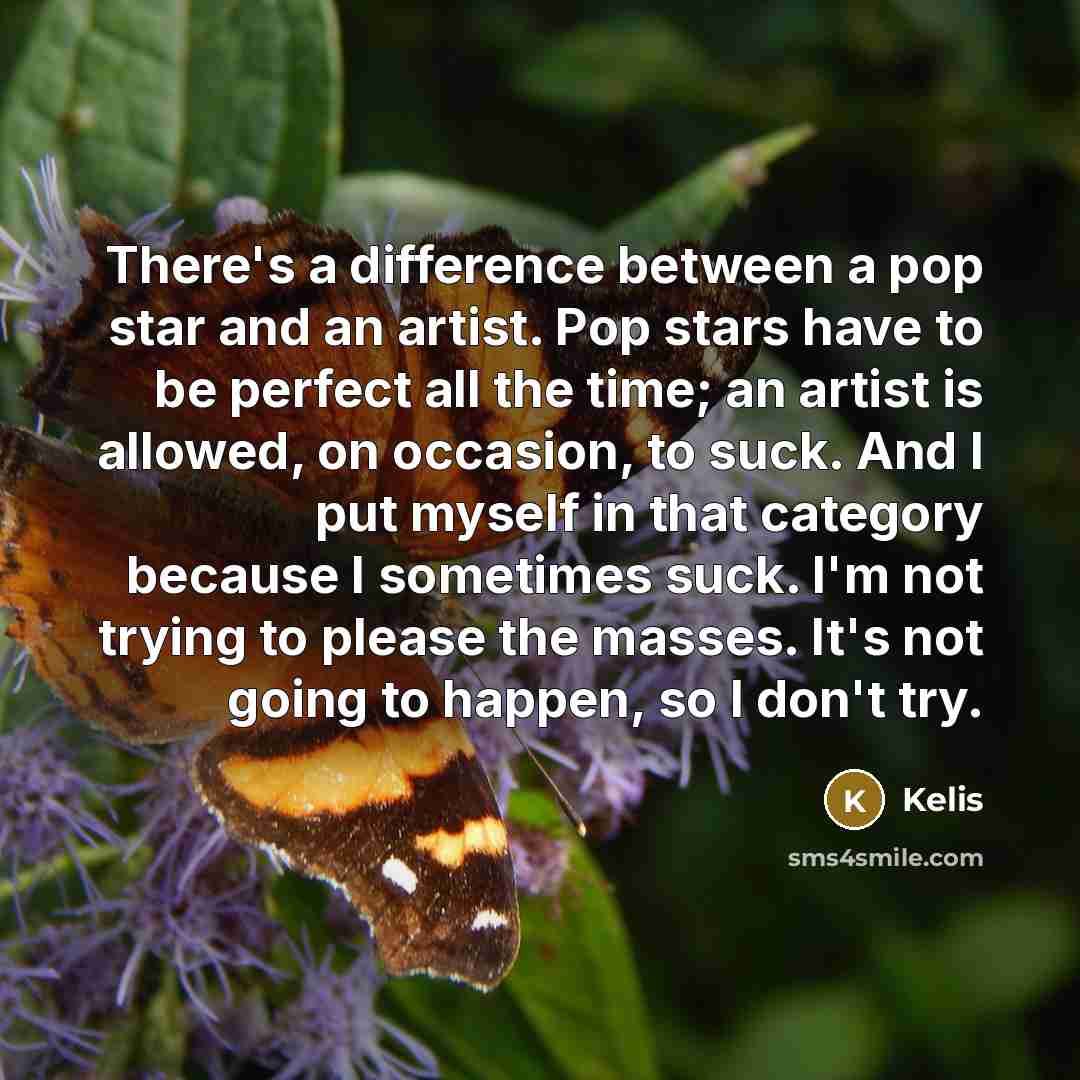 “There's a difference between a pop star and an artist. Pop stars have to be perfect all the time; an artist is allowed, on occasion, to suck. And I put myself in that category because I sometimes suck. I'm not trying to please the masses. It's not going to happen, so I don't try.” quote by Kelis