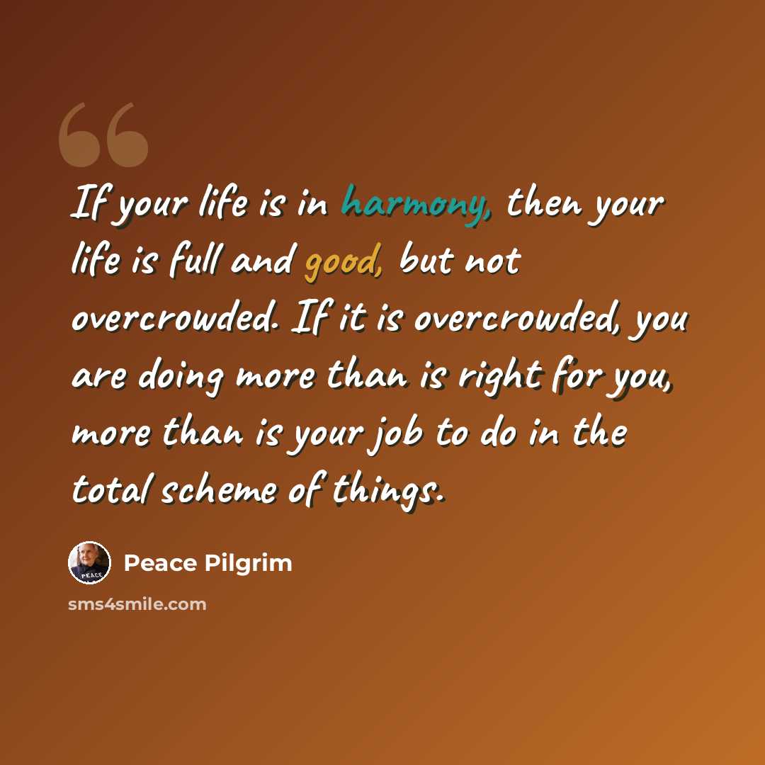 “If your life is in harmony, then your life is full and good, but not overcrowded. If it is overcrowded, you are doing more than is right for you, more than is your job to do in the total scheme of things.” quote by Peace Pilgrim