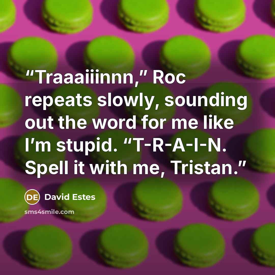 “Traaaiiinnn,” Roc repeats slowly, sounding out the word for me like I’m stupid. “T-R-A-I-N. Spell it with me, Tristan.” quote by David Estes