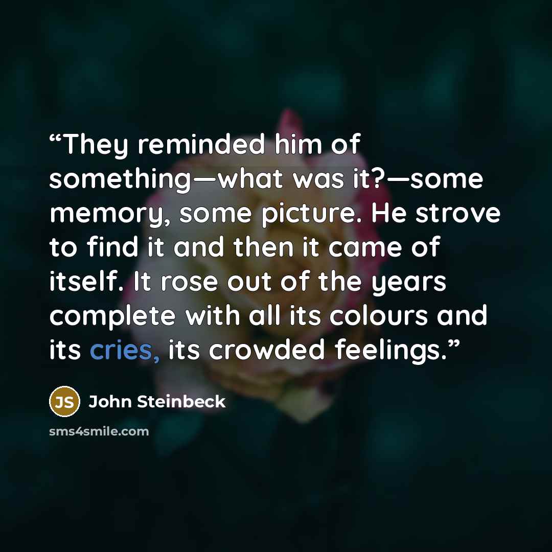 “They reminded him of something—what was it?—some memory, some picture. He strove to find it and then it came of itself. It rose out of the years complete with all its colours and its cries, its crowded feelings.” quote by John Steinbeck
