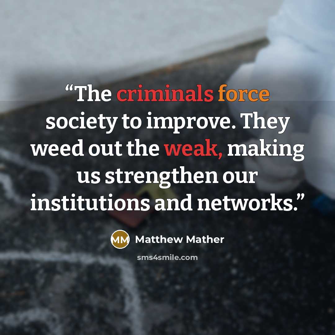 “The criminals force society to improve. They weed out the weak, making us strengthen our institutions and networks.” quote by Matthew Mather