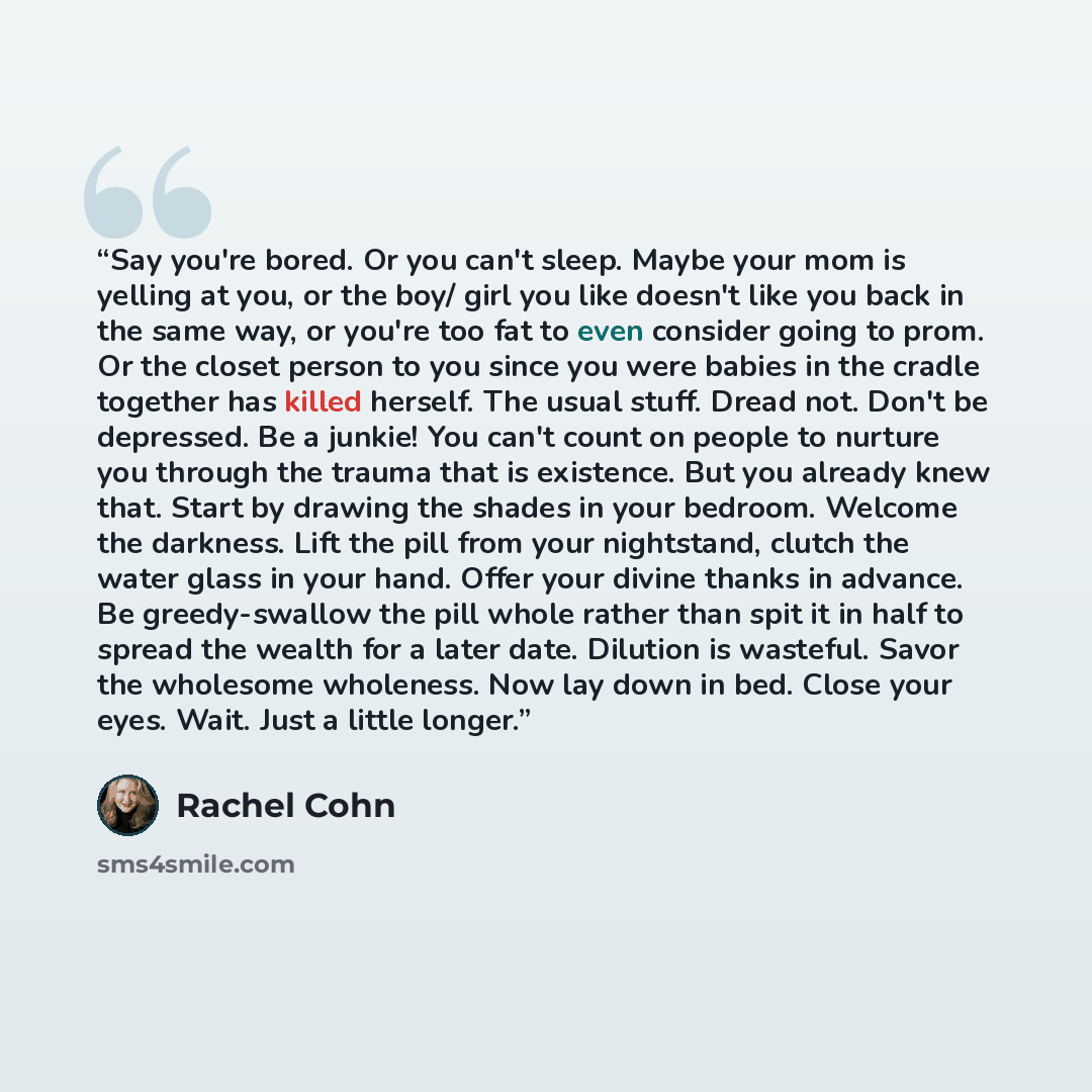 “Say you're bored. Or you can't sleep. Maybe your mom is yelling at you, or the boy/ girl you like doesn't like you back in the same way, or you're too fat to even consider going to prom. Or the closet person to you since you were babies in the cradle together has killed herself. The usual stuff…” quote by Rachel Cohn