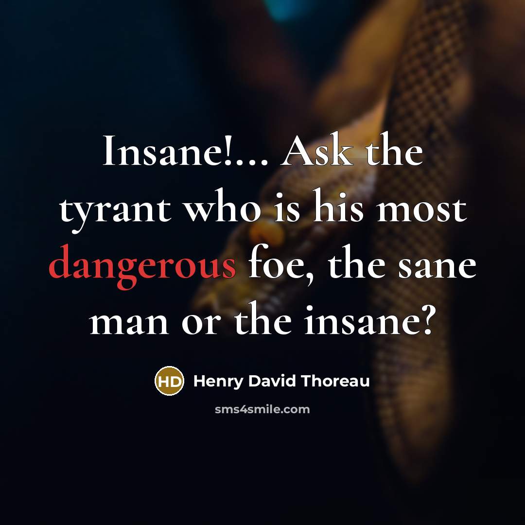 “Insane!... Ask the tyrant who is his most dangerous foe, the sane man or the insane?” quote by Henry David Thoreau