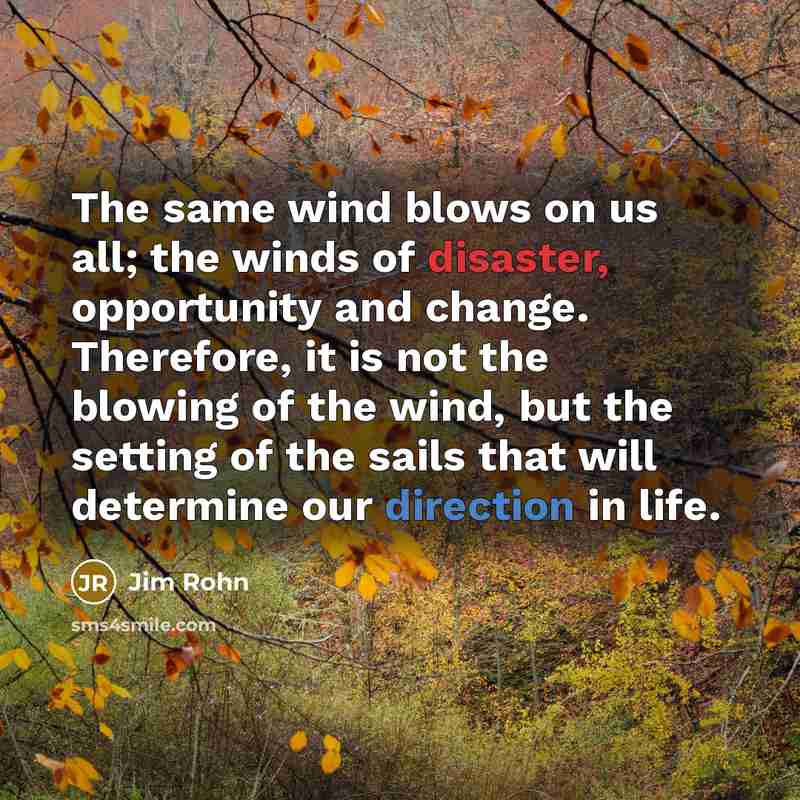 “The same wind blows on us all; the winds of disaster, opportunity and change. Therefore, it is not the blowing of the wind, but the setting of the sails that will determine our direction in life.” quote by Jim Rohn