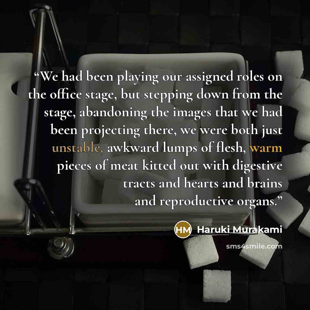 “We had been playing our assigned roles on the office stage, but stepping down from the stage, abandoning the images that we had been projecting there, we were both just unstable, awkward lumps of flesh, warm pieces of meat kitted out with digestive tracts and hearts and brains and reproductive…” quote by Haruki Murakami