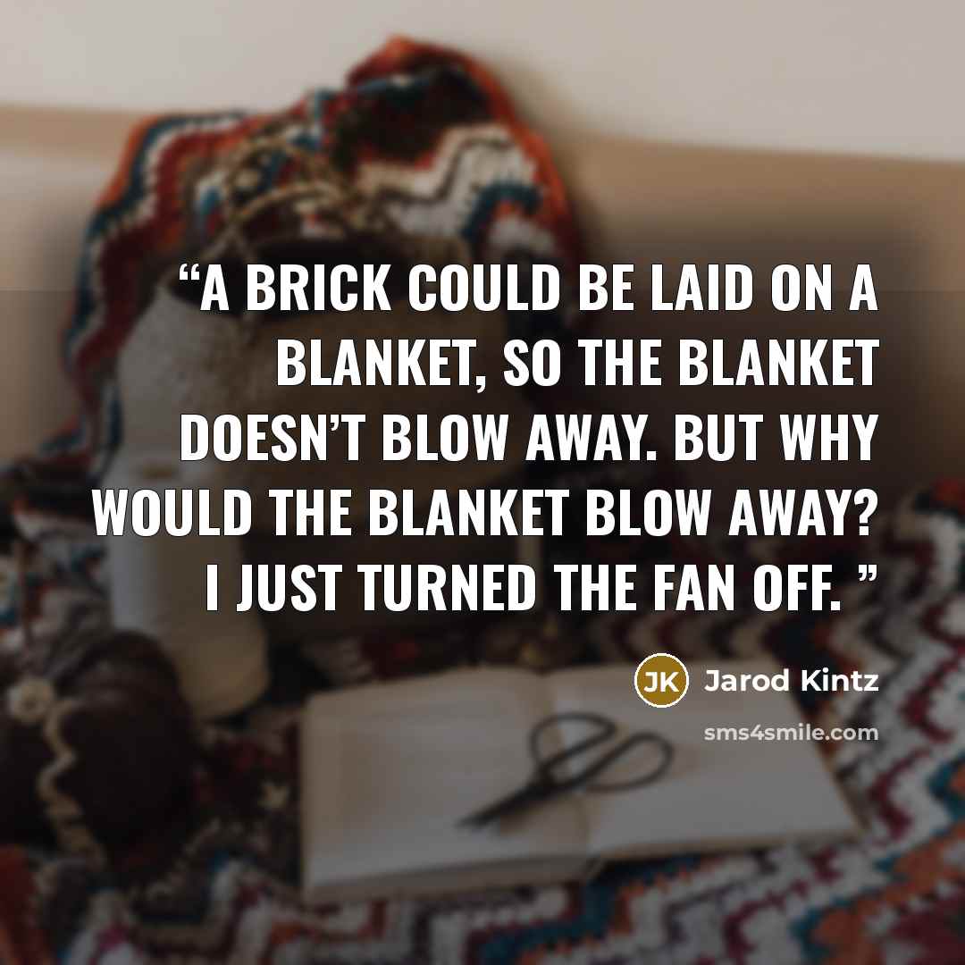 “A brick could be laid on a blanket, so the blanket doesn’t blow away. But why would the blanket blow away? I just turned the fan off.” quote by Jarod Kintz