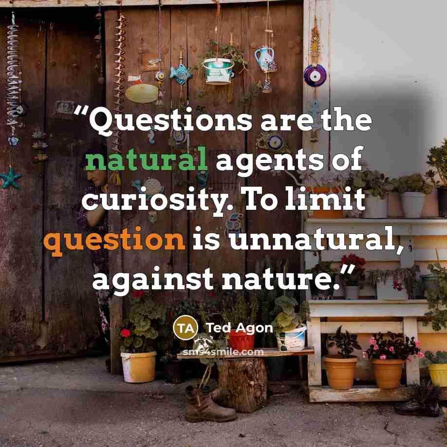 “Questions are the natural agents of curiosity. To limit question is unnatural, against nature.” quote by Ted Agon