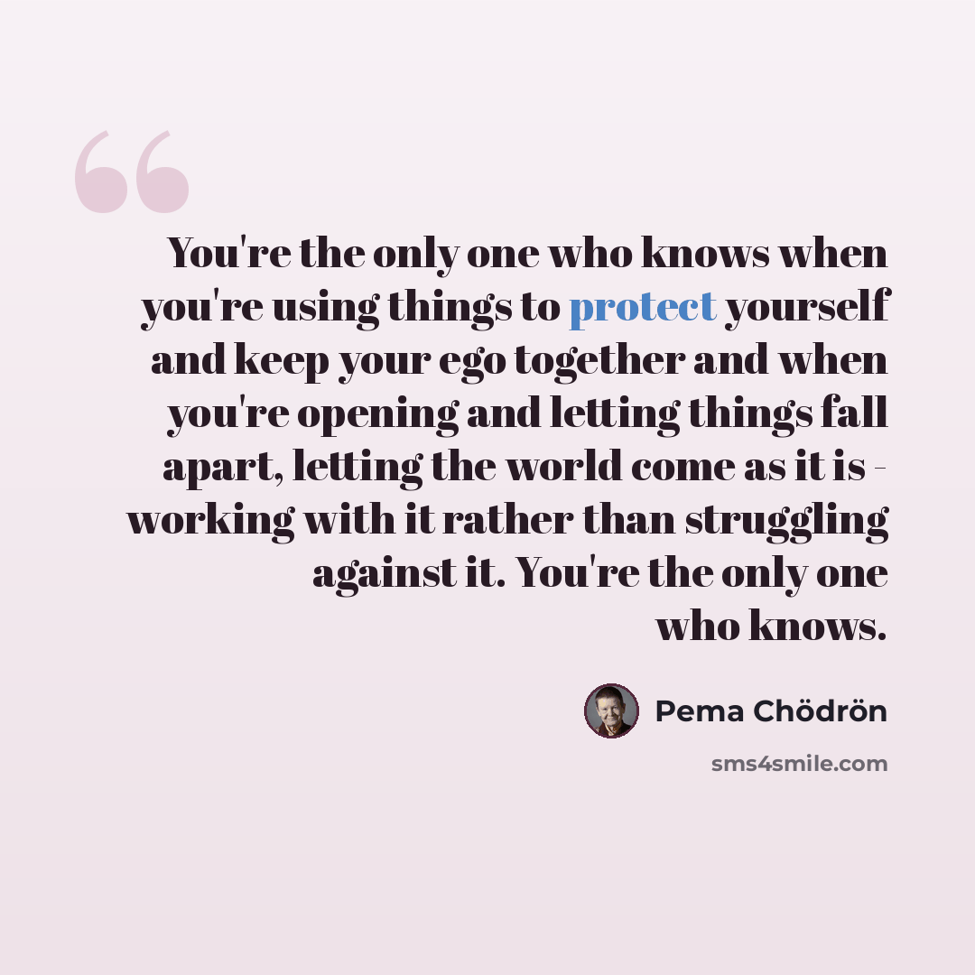 “You're the only one who knows when you're using things to protect yourself and keep your ego together and when you're opening and letting things fall apart, letting the world come as it is - working with it rather than struggling against it. You're the only one who knows.” quote by Pema Chodron