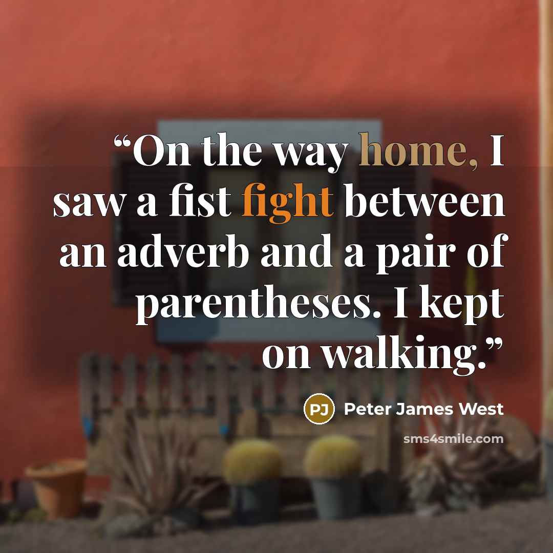 “On the way home, I saw a fist fight between an adverb and a pair of parentheses. I kept on walking.” quote by Peter James West