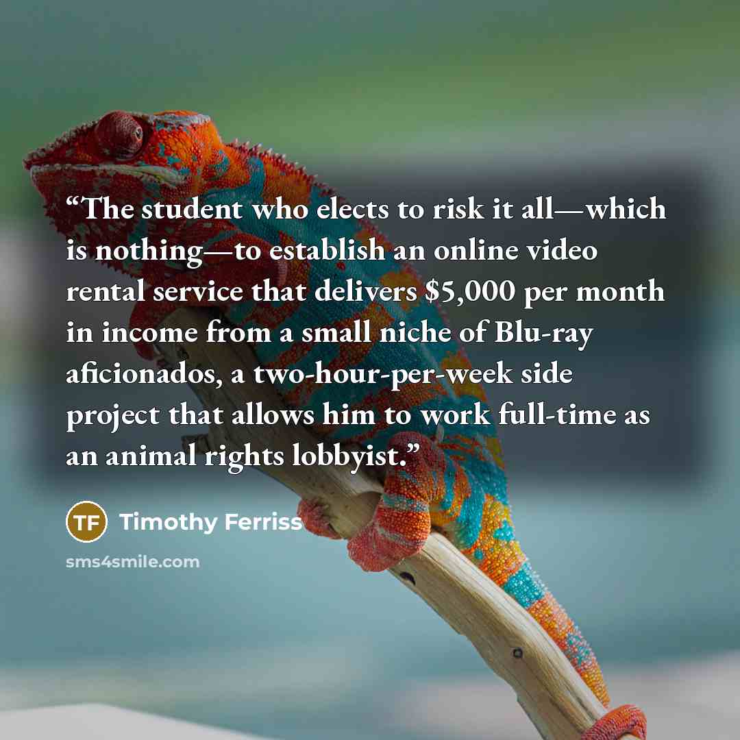 “The student who elects to risk it all—which is nothing—to establish an online video rental service that delivers $5,000 per month in income from a small niche of Blu-ray aficionados, a two-hour-per-week side project that allows him to work full-time as an animal rights lobbyist.” quote by Timothy Ferriss