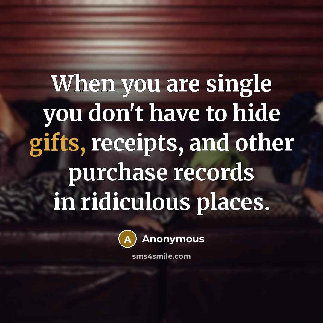 “When you are single you don't have to hide gifts, receipts, and other purchase records in ridiculous places.” quote by Anonymous