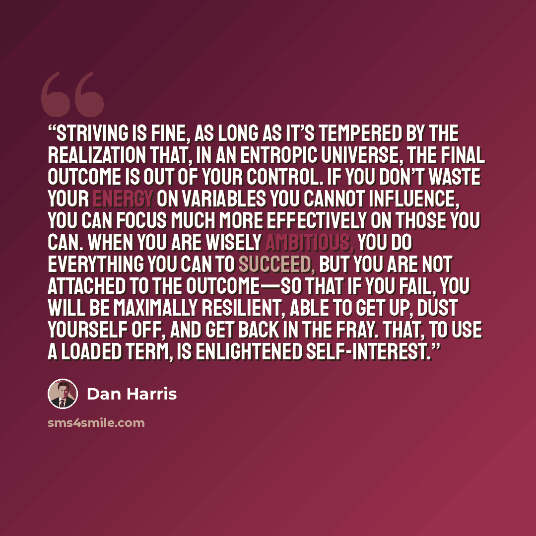 “Striving is fine, as long as it’s tempered by the realization that, in an entropic universe, the final outcome is out of your control. If you don’t waste your energy on variables you cannot influence, you can focus much more effectively on those you can. When you are wisely ambitious, you do…” quote by Dan Harris