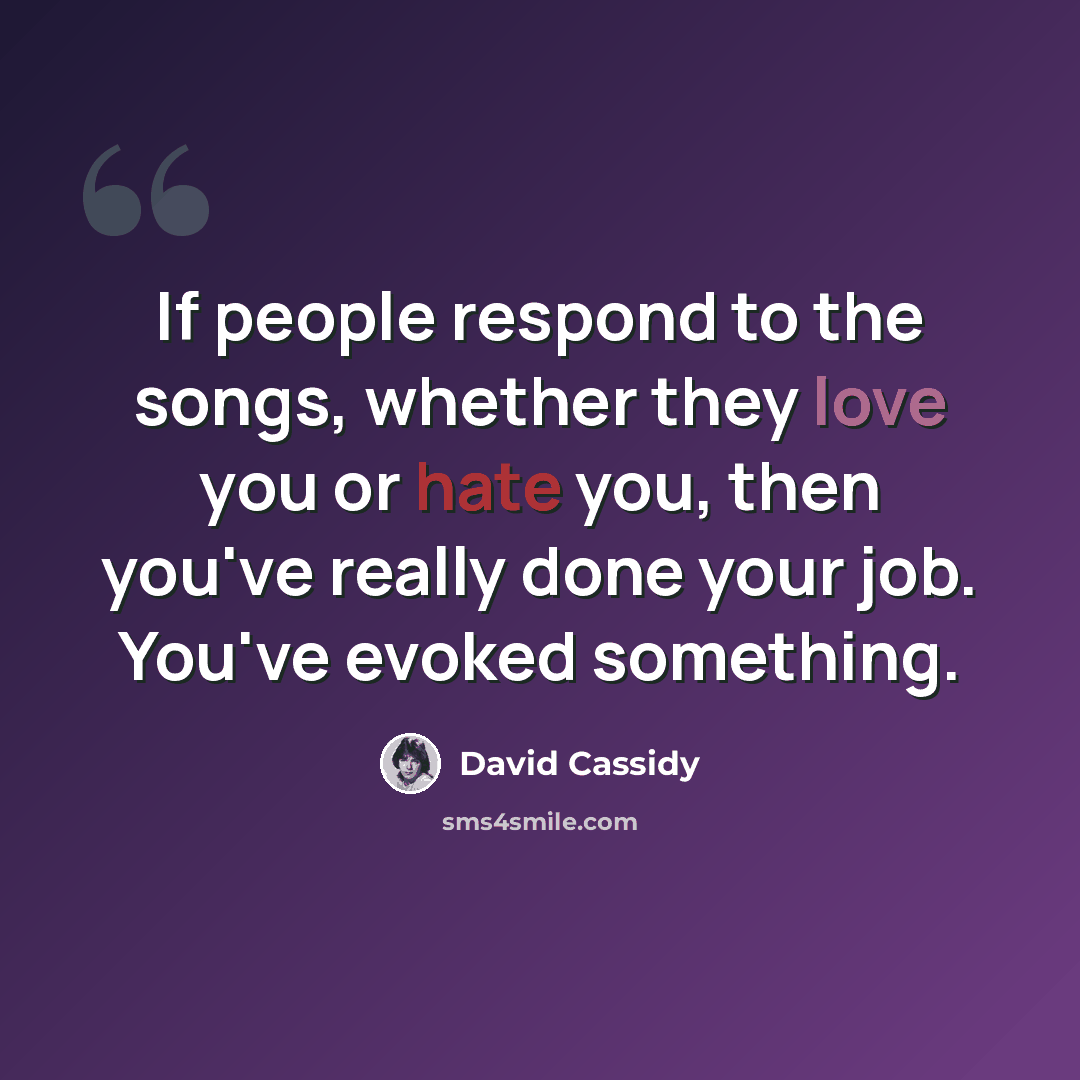 “If people respond to the songs, whether they love you or hate you, then you've really done your job. You've evoked something.” quote by David Cassidy