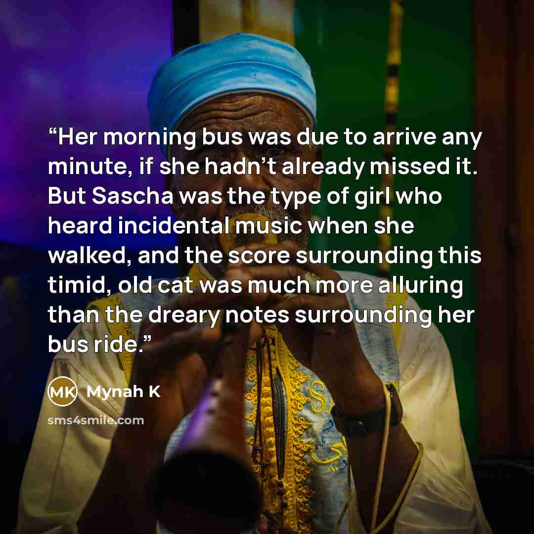 “Her morning bus was due to arrive any minute, if she hadn’t already missed it. But Sascha was the type of girl who heard incidental music when she walked, and the score surrounding this timid, old cat was much more alluring than the dreary notes surrounding her bus ride.” quote by Mynah K