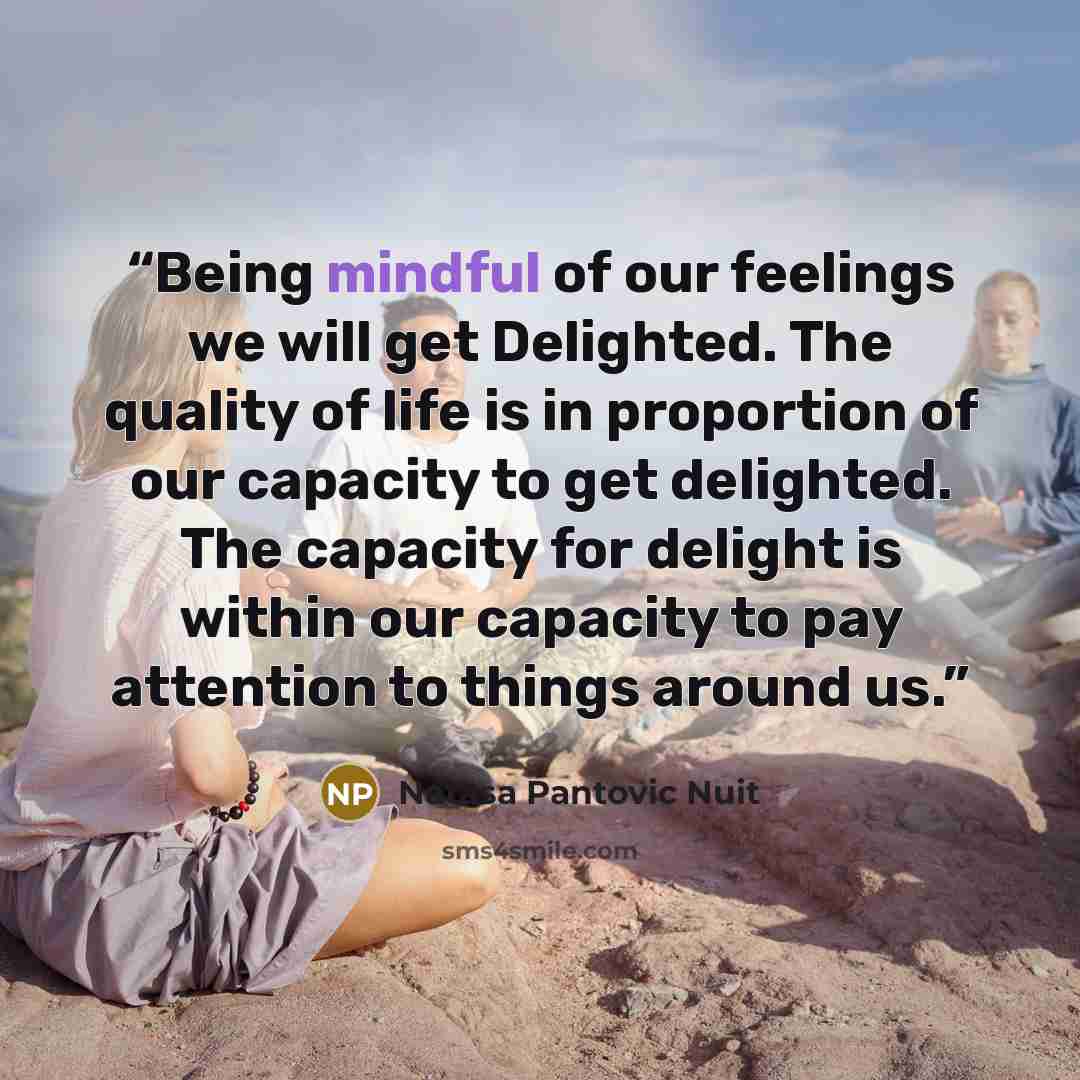 “Being mindful of our feelings we will get Delighted. The quality of life is in proportion of our capacity to get delighted. The capacity for delight is within our capacity to pay attention to things around us.” quote by Natasa Pantovic Nuit