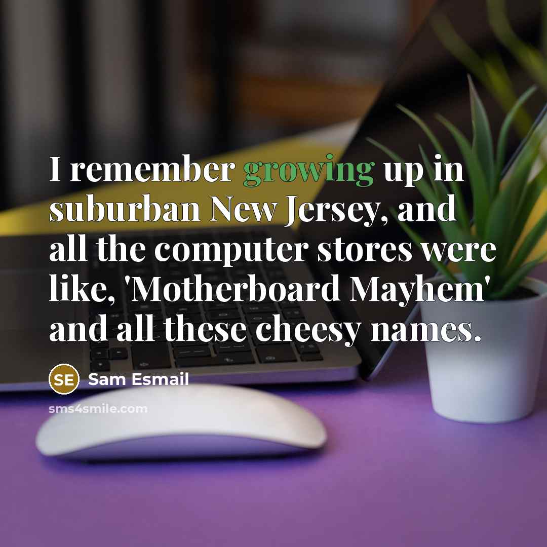 “I remember growing up in suburban New Jersey, and all the computer stores were like, 'Motherboard Mayhem' and all these cheesy names.” quote by Sam Esmail