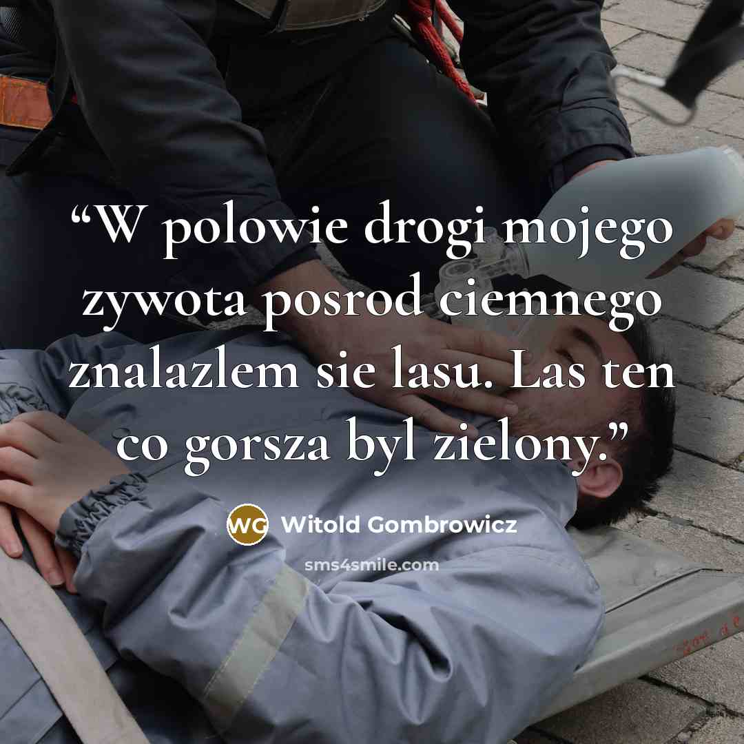 “W polowie drogi mojego zywota posrod ciemnego znalazlem sie lasu. Las ten co gorsza byl zielony.” quote by Witold Gombrowicz