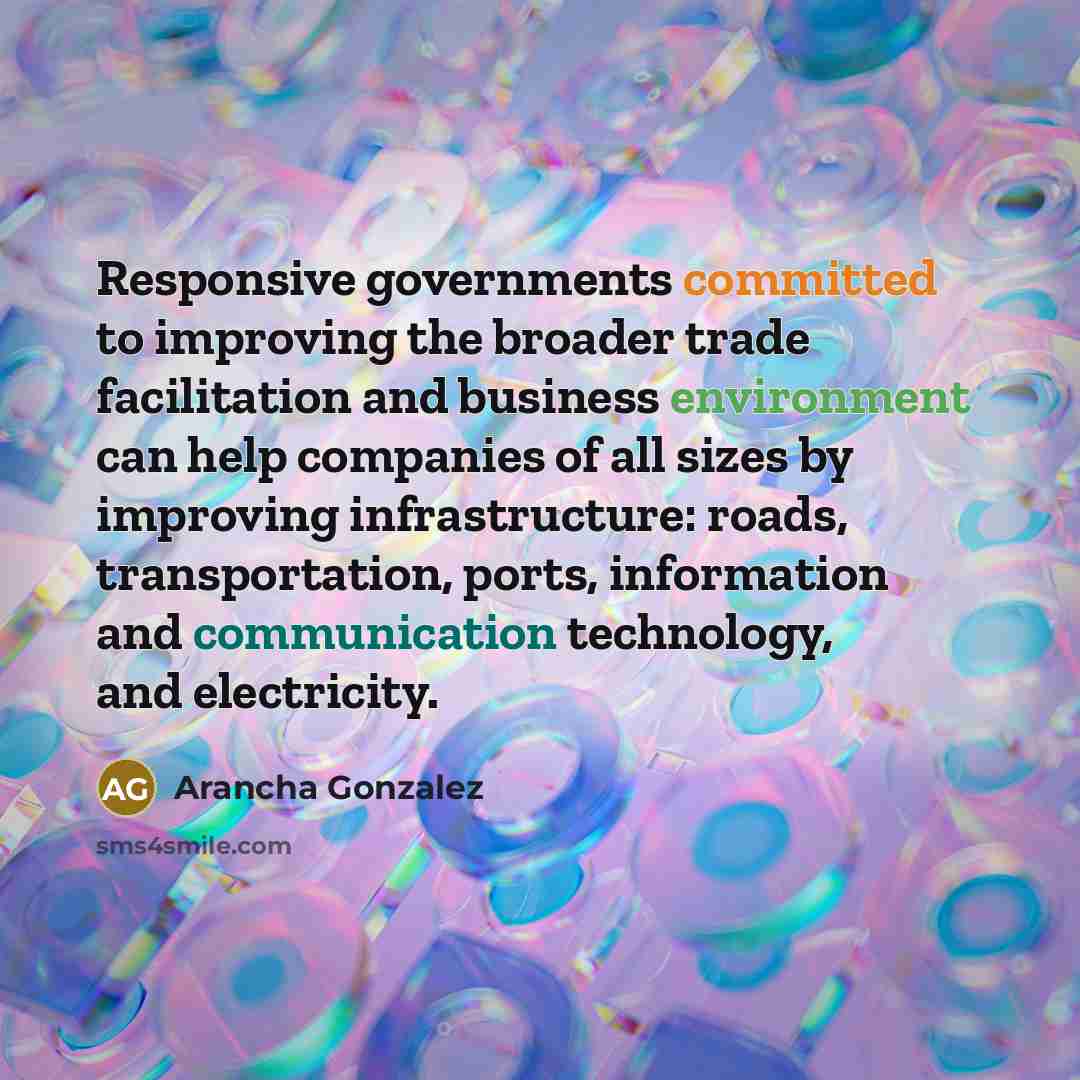 “Responsive governments committed to improving the broader trade facilitation and business environment can help companies of all sizes by improving infrastructure: roads, transportation, ports, information and communication technology, and electricity.” quote by Arancha Gonzalez