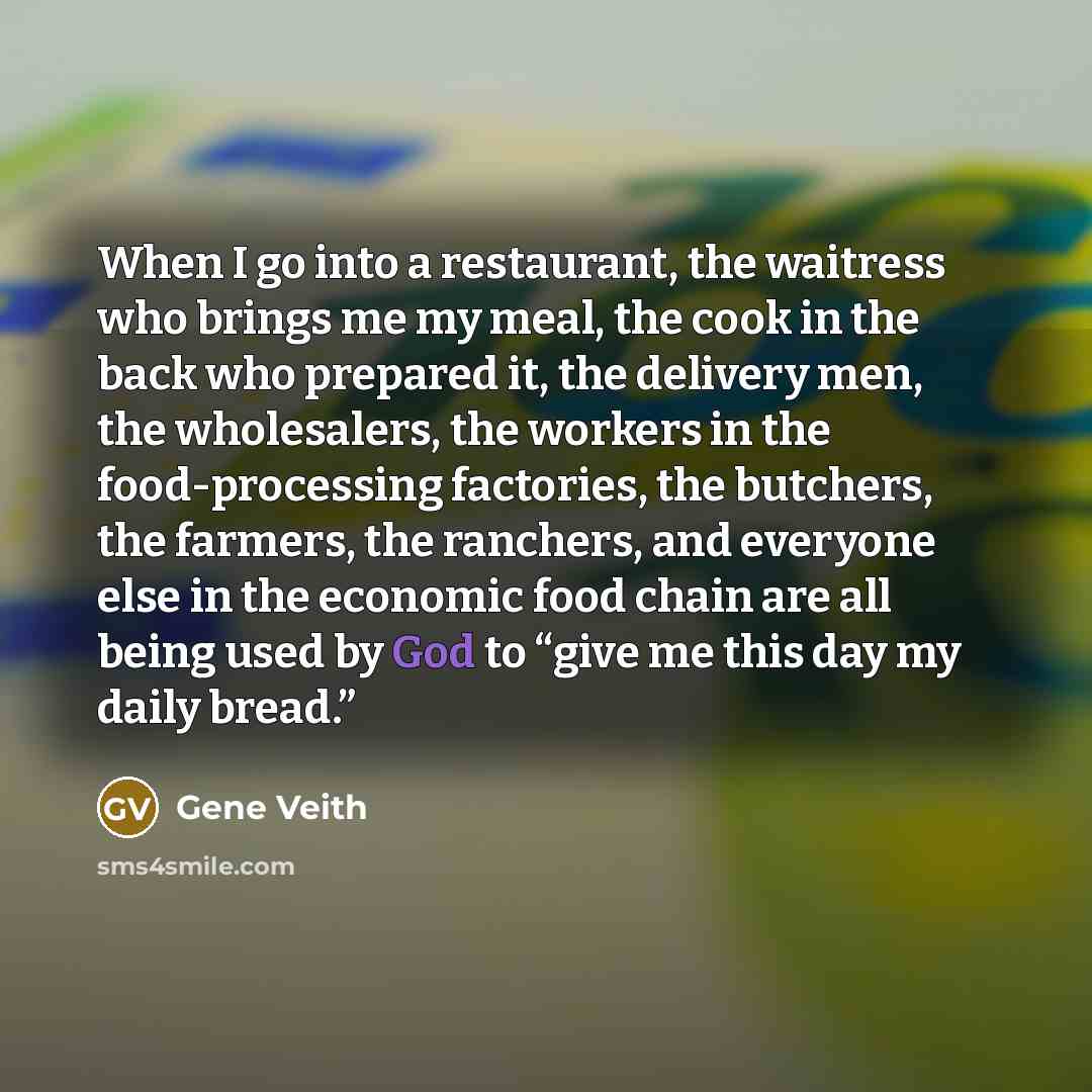 “When I go into a restaurant, the waitress who brings me my meal, the cook in the back who prepared it, the delivery men, the wholesalers, the workers in the food-processing factories, the butchers, the farmers, the ranchers, and everyone else in the economic food chain are all being used by God to…” quote by Gene Veith