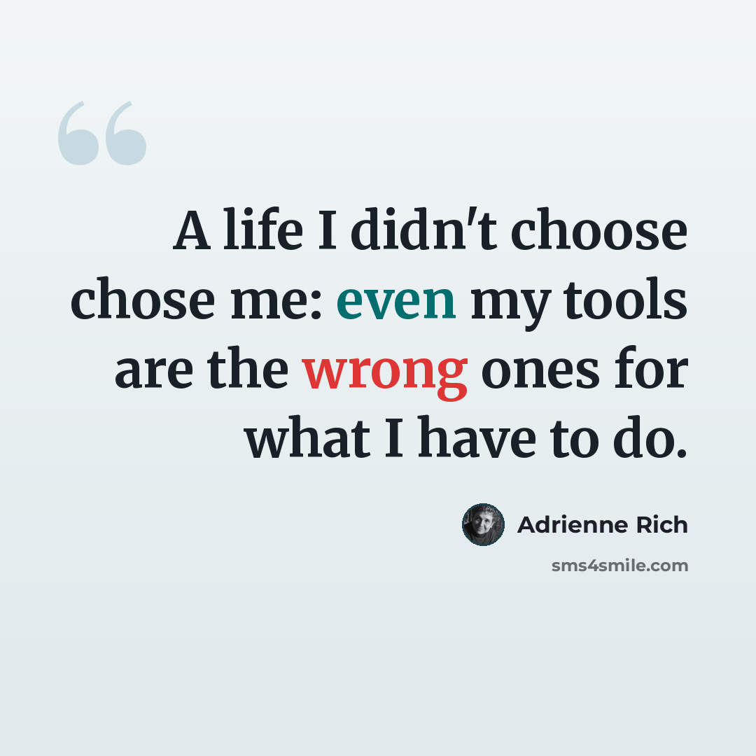 “A life I didn't choose chose me: even my tools are the wrong ones for what I have to do.” quote by Adrienne Rich