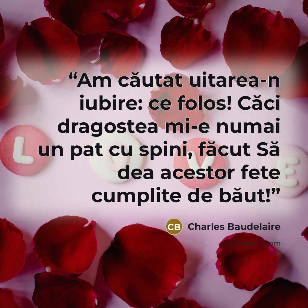 “Am căutat uitarea-n iubire: ce folos! Căci dragostea mi-e numai un pat cu spini, făcut Să dea acestor fete cumplite de băut!” quote by Charles Baudelaire