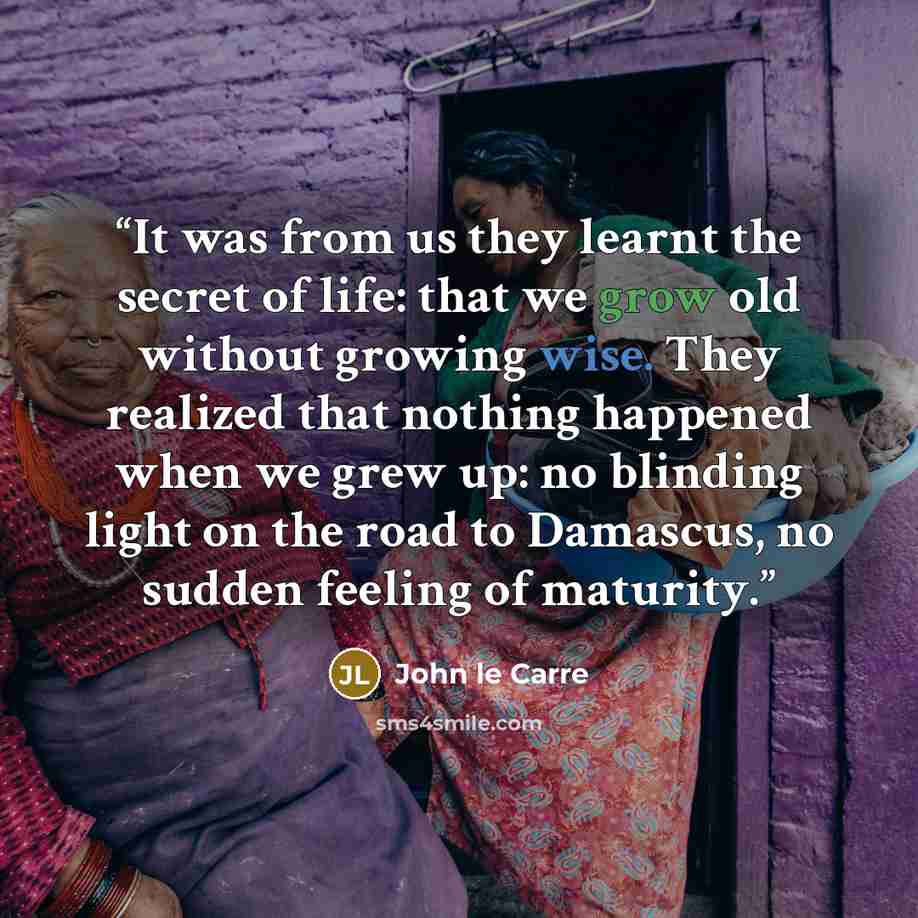 “It was from us they learnt the secret of life: that we grow old without growing wise. They realized that nothing happened when we grew up: no blinding light on the road to Damascus, no sudden feeling of maturity.” quote by John le Carré