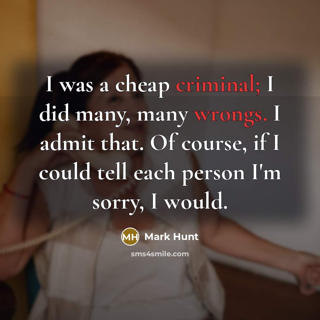 “I was a cheap criminal; I did many, many wrongs. I admit that. Of course, if I could tell each person I'm sorry, I would.” quote by Mark Hunt