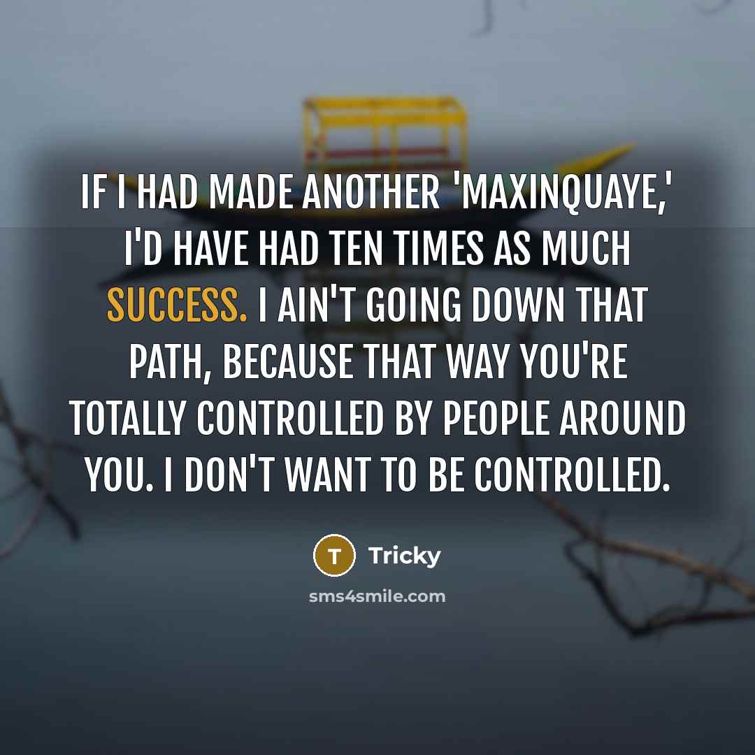“If I had made another 'Maxinquaye,' I'd have had ten times as much success. I ain't going down that path, because that way you're totally controlled by people around you. I don't want to be controlled.” quote by Tricky