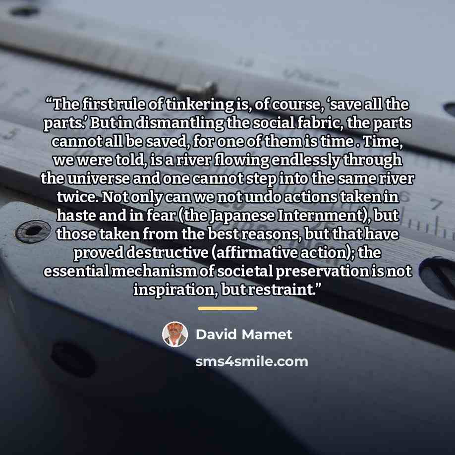 “The first rule of tinkering is, of course, ‘save all the parts.’ But in dismantling the social fabric, the parts cannot all be saved, for one of them is time . Time, we were told, is a river flowing endlessly through the universe and one cannot step into the same river twice. Not only can we not…” quote by David Mamet
