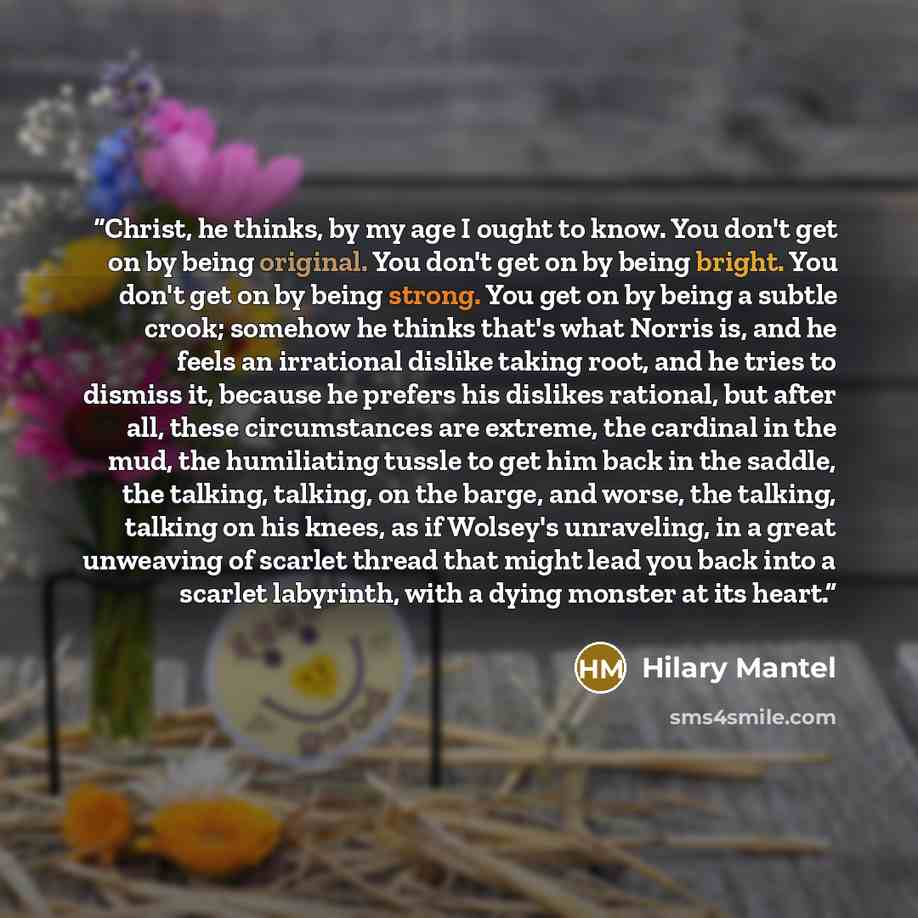 “Christ, he thinks, by my age I ought to know. You don't get on by being original. You don't get on by being bright. You don't get on by being strong. You get on by being a subtle crook; somehow he thinks that's what Norris is, and he feels an irrational dislike taking root, and he tries to dismiss…” quote by Hilary Mantel