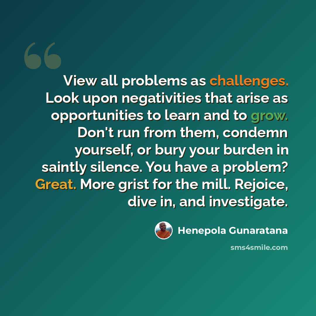 “View all problems as challenges. Look upon negativities that arise as opportunities to learn and to grow. Don't run from them, condemn yourself, or bury your burden in saintly silence. You have a problem? Great. More grist for the mill. Rejoice, dive in, and investigate.” quote by Henepola Gunaratana