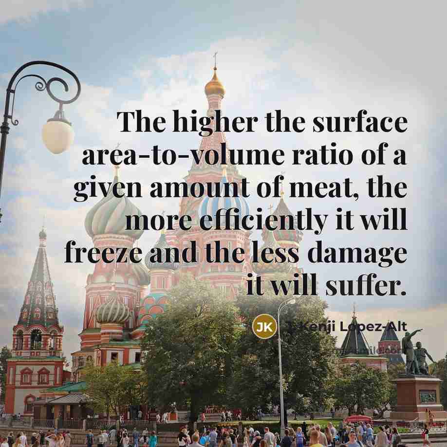 “The higher the surface area-to-volume ratio of a given amount of meat, the more efficiently it will freeze and the less damage it will suffer.” quote by J. Kenji Lopez-Alt