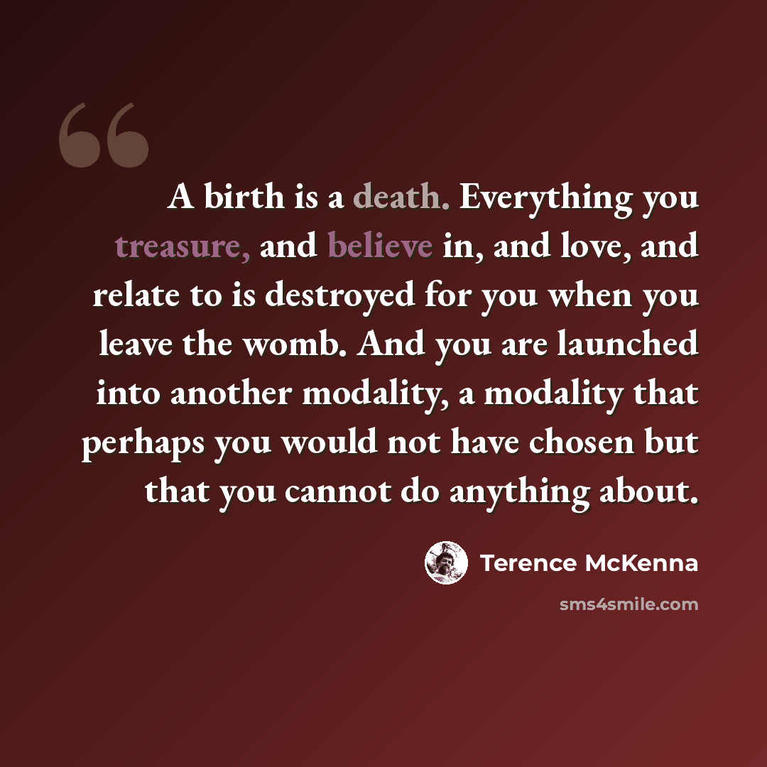 “A birth is a death. Everything you treasure, and believe in, and love, and relate to is destroyed for you when you leave the womb. And you are launched into another modality, a modality that perhaps you would not have chosen but that you cannot do anything about.” quote by Terence McKenna