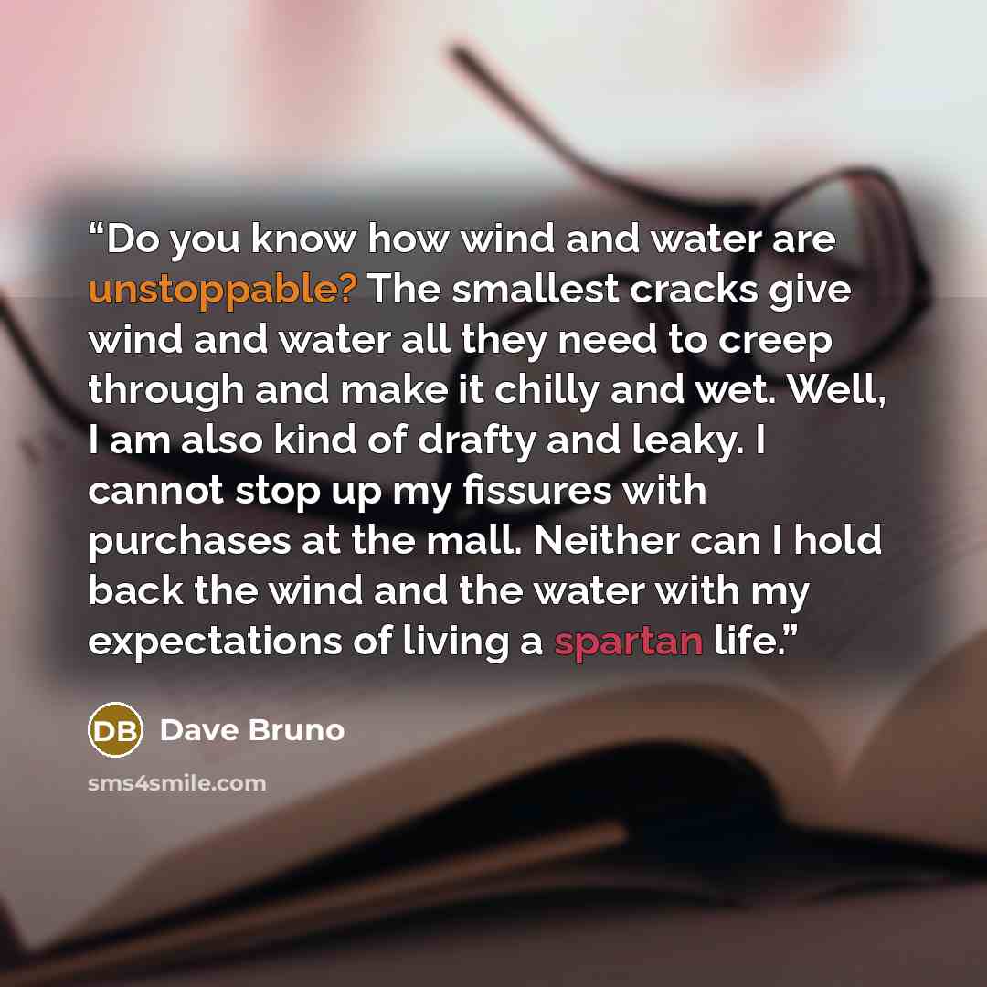 “Do you know how wind and water are unstoppable? The smallest cracks give wind and water all they need to creep through and make it chilly and wet. Well, I am also kind of drafty and leaky. I cannot stop up my fissures with purchases at the mall. Neither can I hold back the wind and the water with…” quote by Dave Bruno