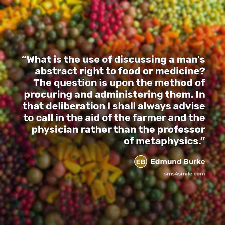 “What is the use of discussing a man's abstract right to food or medicine? The question is upon the method of procuring and administering them. In that deliberation I shall always advise to call in the aid of the farmer and the physician rather than the professor of metaphysics.” quote by Edmund Burke