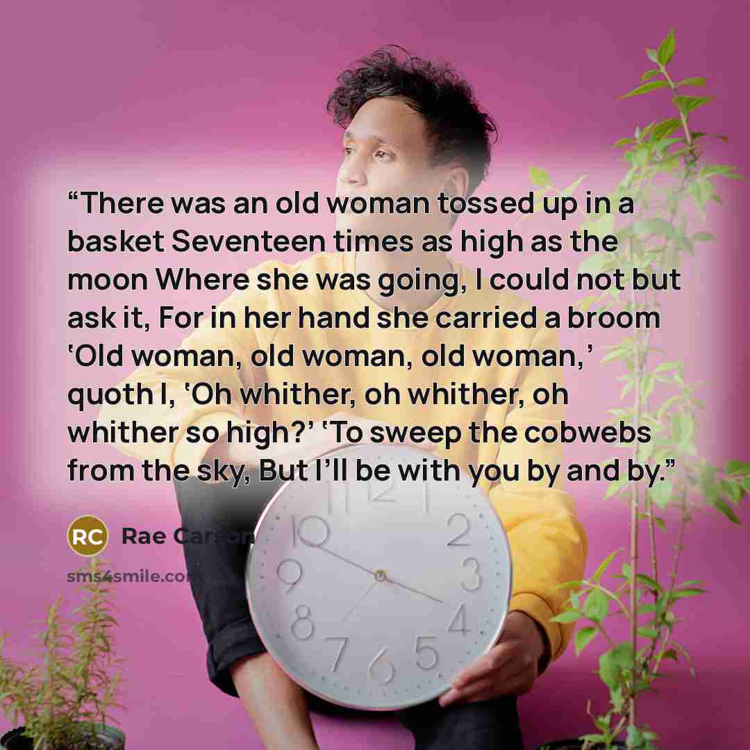 “There was an old woman tossed up in a basket Seventeen times as high as the moon Where she was going, I could not but ask it, For in her hand she carried a broom ‘Old woman, old woman, old woman,’ quoth I, ‘Oh whither, oh whither, oh whither so high?’ ‘To sweep the cobwebs from the sky, But I’ll…” quote by Rae Carson