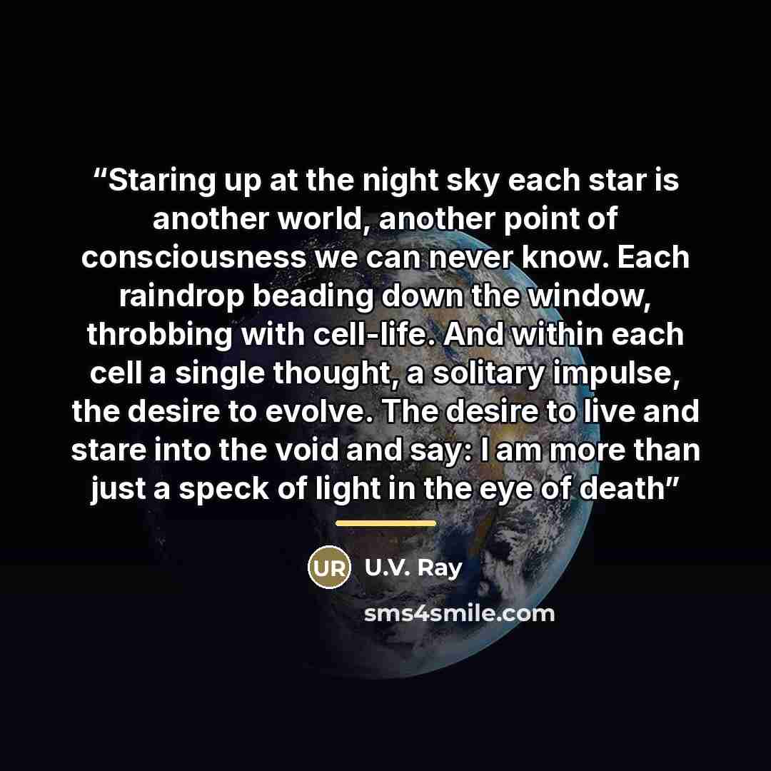 “Staring up at the night sky each star is another world, another point of consciousness we can never know. Each raindrop beading down the window, throbbing with cell-life. And within each cell a single thought, a solitary impulse, the desire to evolve. The desire to live and stare into the void and…” quote by U.V. Ray