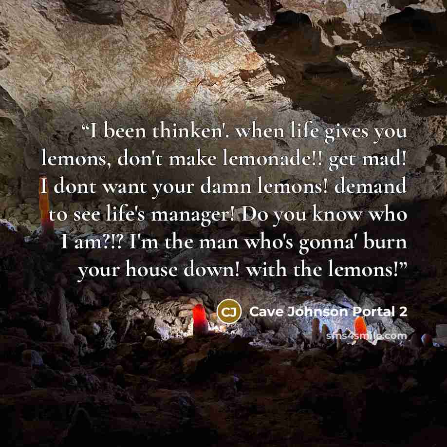 “I been thinken'. when life gives you lemons, don't make lemonade!! get mad! I dont want your damn lemons! demand to see life's manager! Do you know who I am?!? I'm the man who's gonna' burn your house down! with the lemons!” quote by Cave Johnson Portal 2