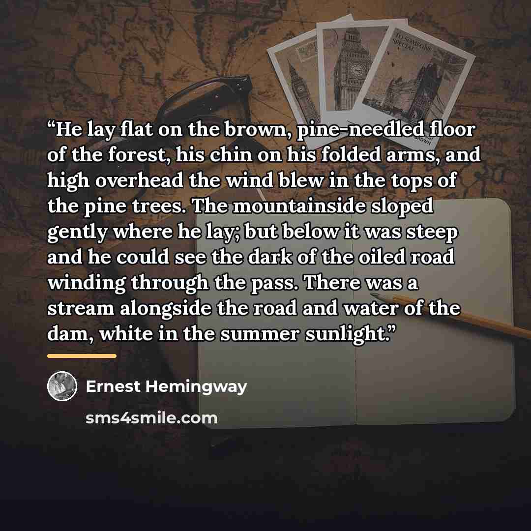 “He lay flat on the brown, pine-needled floor of the forest, his chin on his folded arms, and high overhead the wind blew in the tops of the pine trees. The mountainside sloped gently where he lay; but below it was steep and he could see the dark of the oiled road winding through the pass. There…” quote by Ernest Hemingway