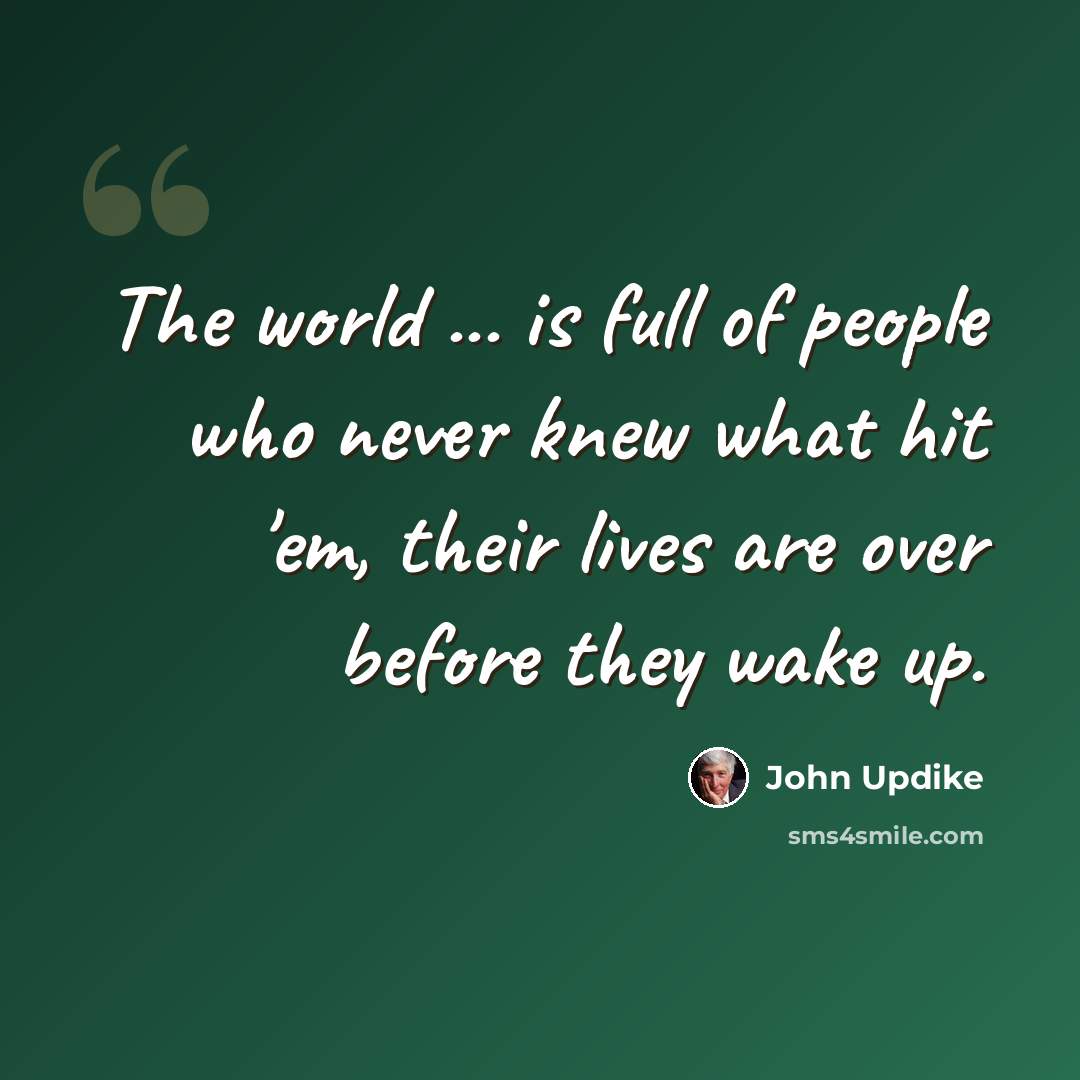 “The world ... is full of people who never knew what hit 'em, their lives are over before they wake up.” quote by John Updike